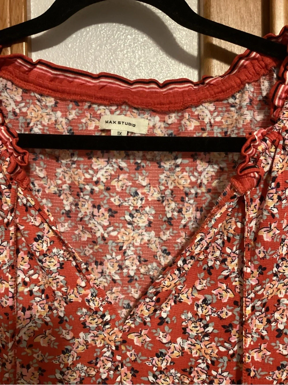 Max Studio Coral Floral V-Neck Tiered Dress, 1X - Picture 3 of 6